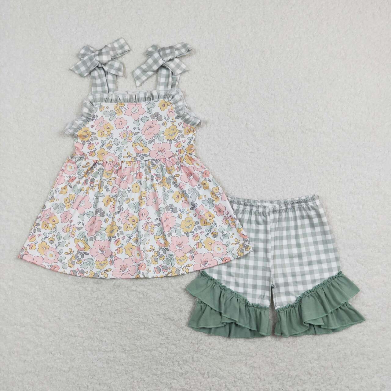 GSSO0565 Colorful Flowers Sleeveless Green Checkered Shorts Girls Summer Set