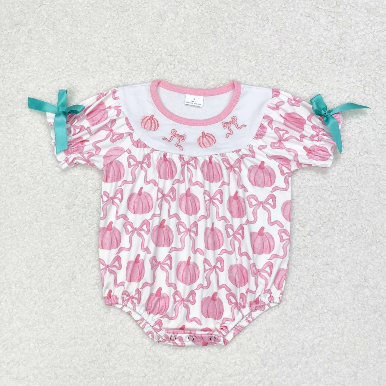 SR1904 embroidery on October we are wear pink pumpkin bow short sleeve girls romper