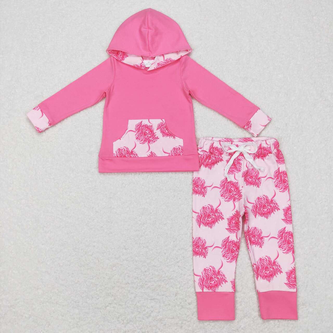 GLP0906 Highland cow hot pink pocket hoodie girls set