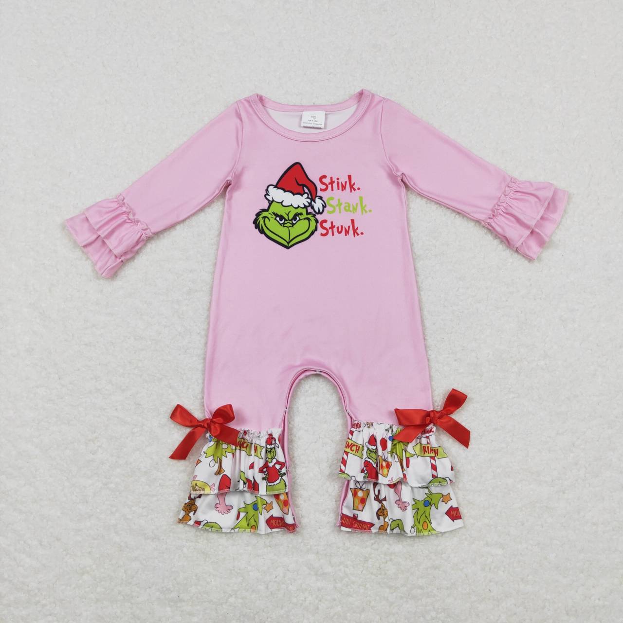 LR0778 Christmas green face cartoon girl pink long sleeve girls romper