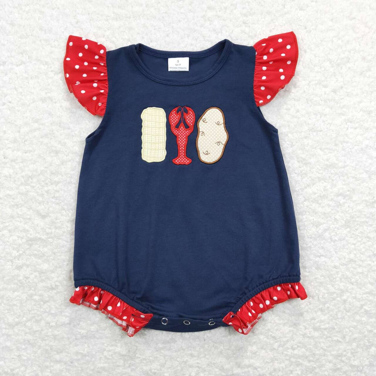 SR0739 Embroidery Crayfish navy flutter sleeve girls romper