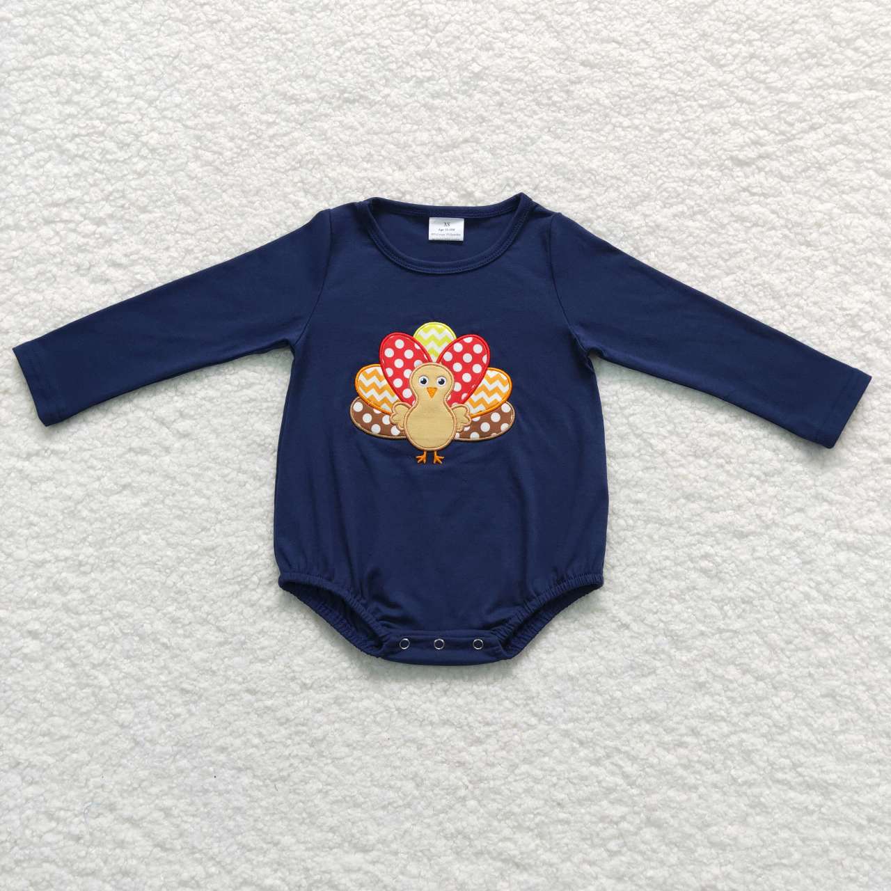 LR0606 Thanksgiving turkey brown dot navy long sleeve boys romper