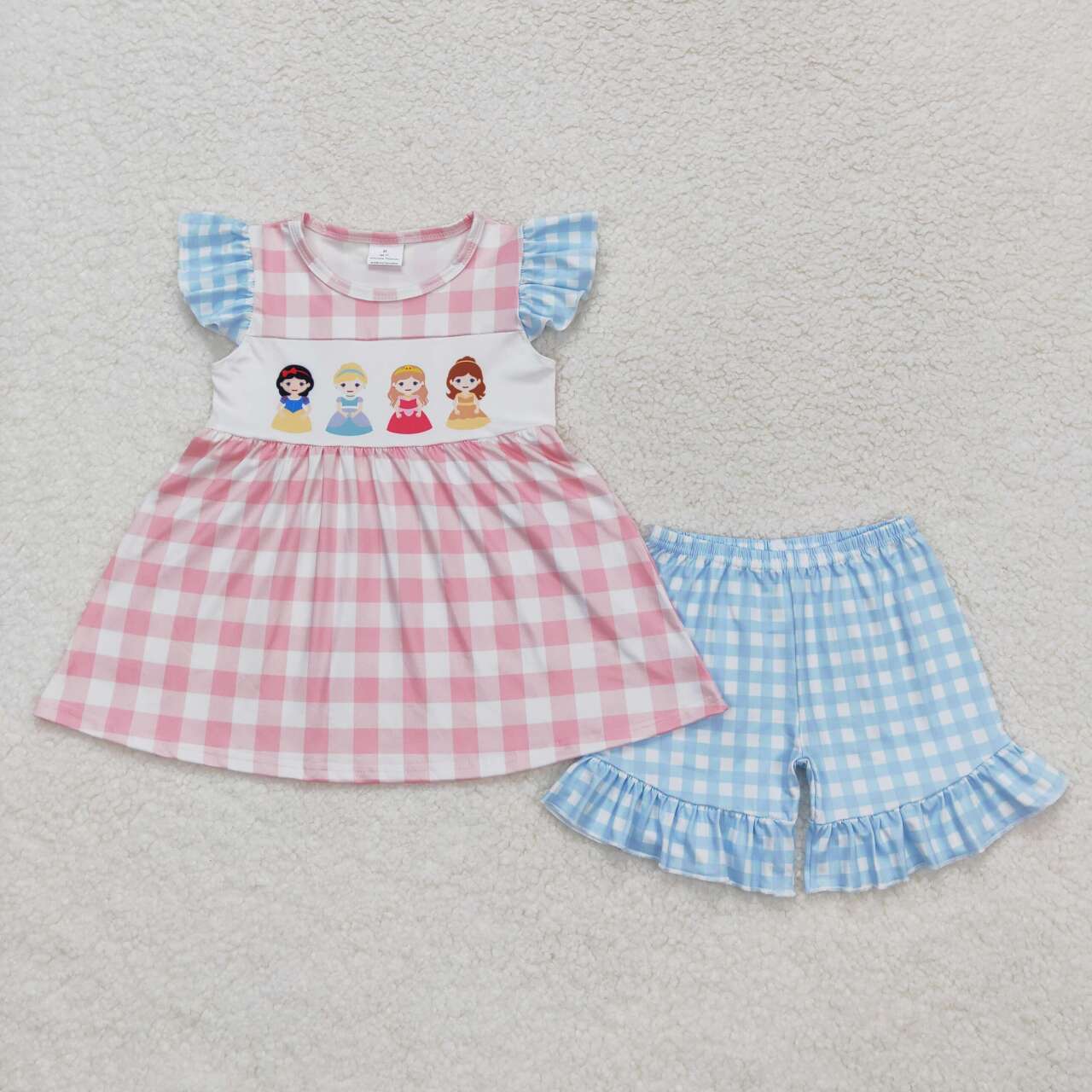 GSSO0692 Cartoon princess pink checkered flutter sleeve blue checkered shorts girls set