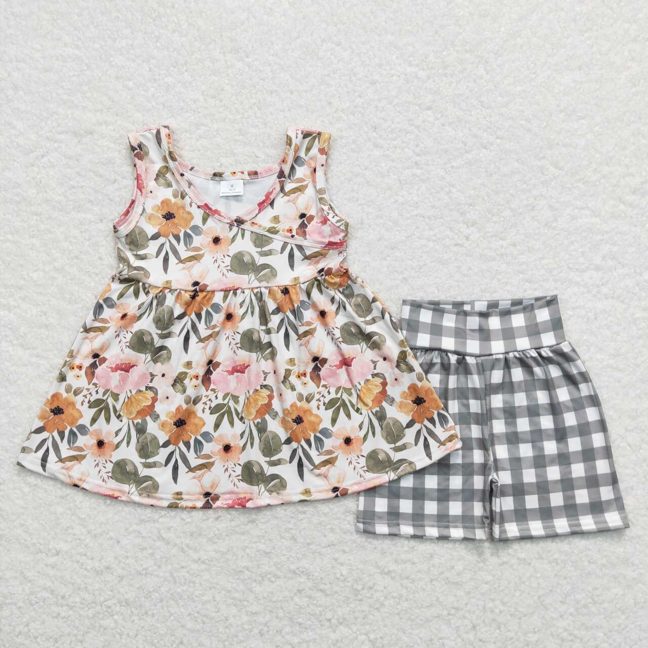 GSSO0741 Colorful flowers sleeveless green checkered shorts girls set