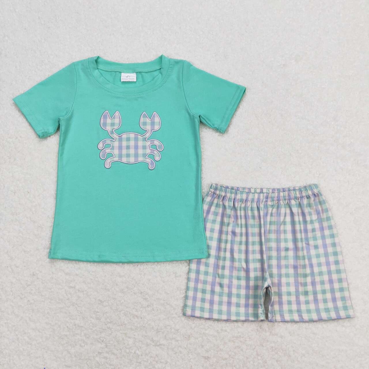 BSSO0638 embroidery Cab green short sleeve checkered shorts boys set