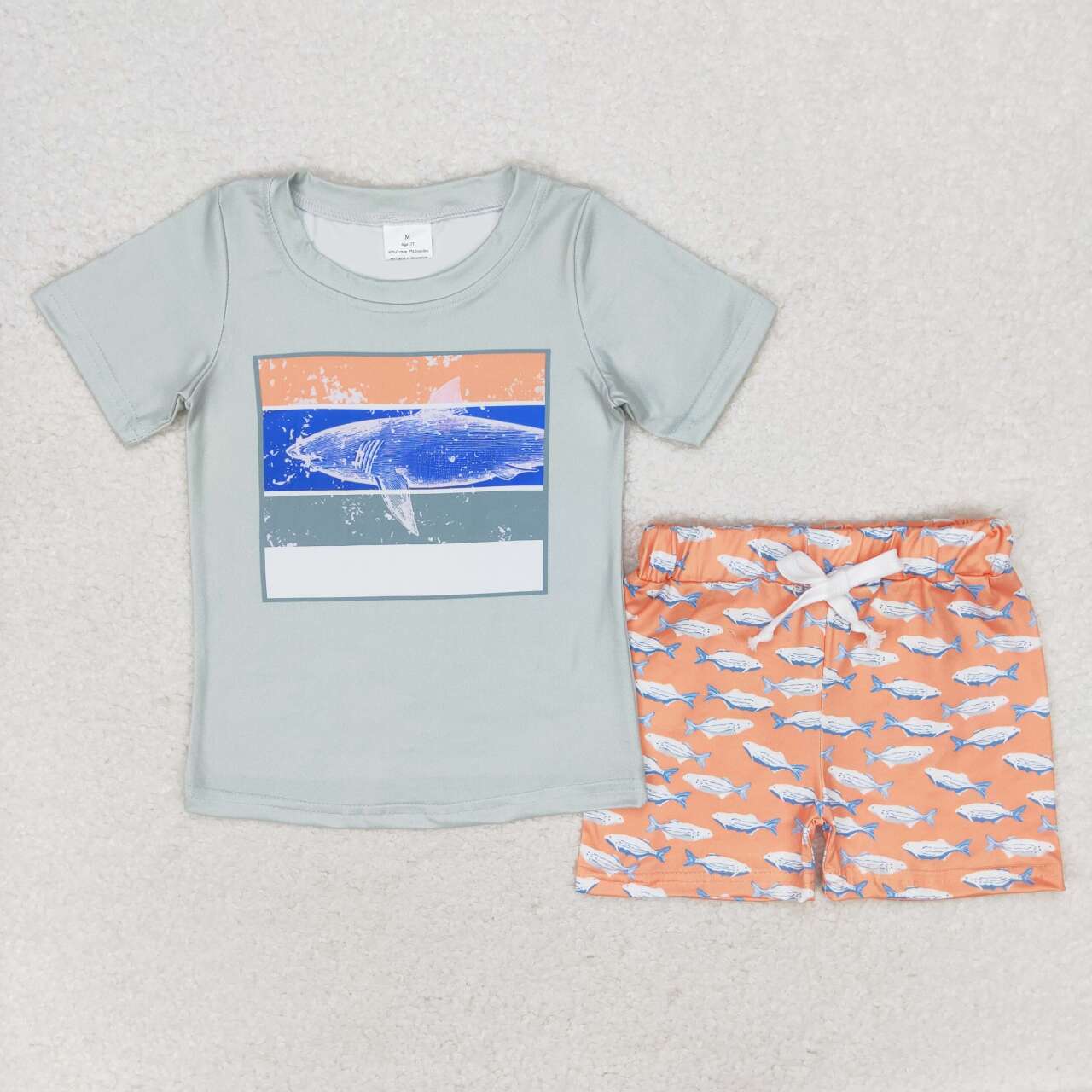 BSSO0899 cute cartoon shark green short sleeve orange shorts boys set
