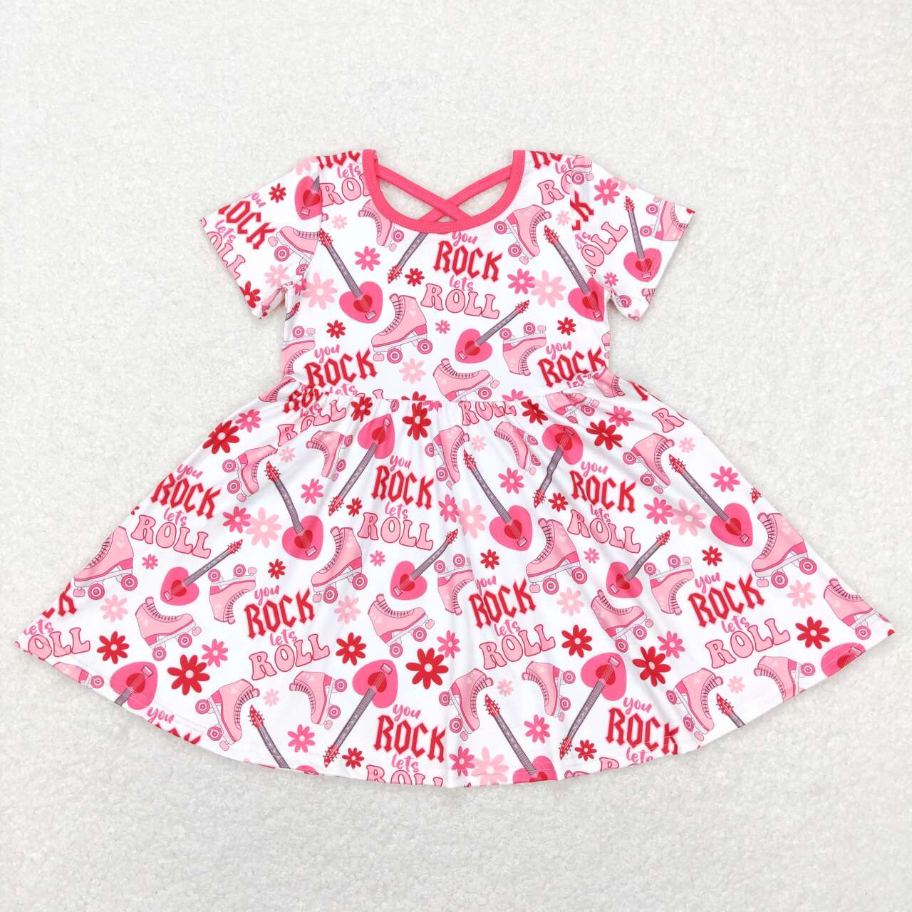 GSD0624 Rock Roll ice skates flowers red short sleeve girls dress