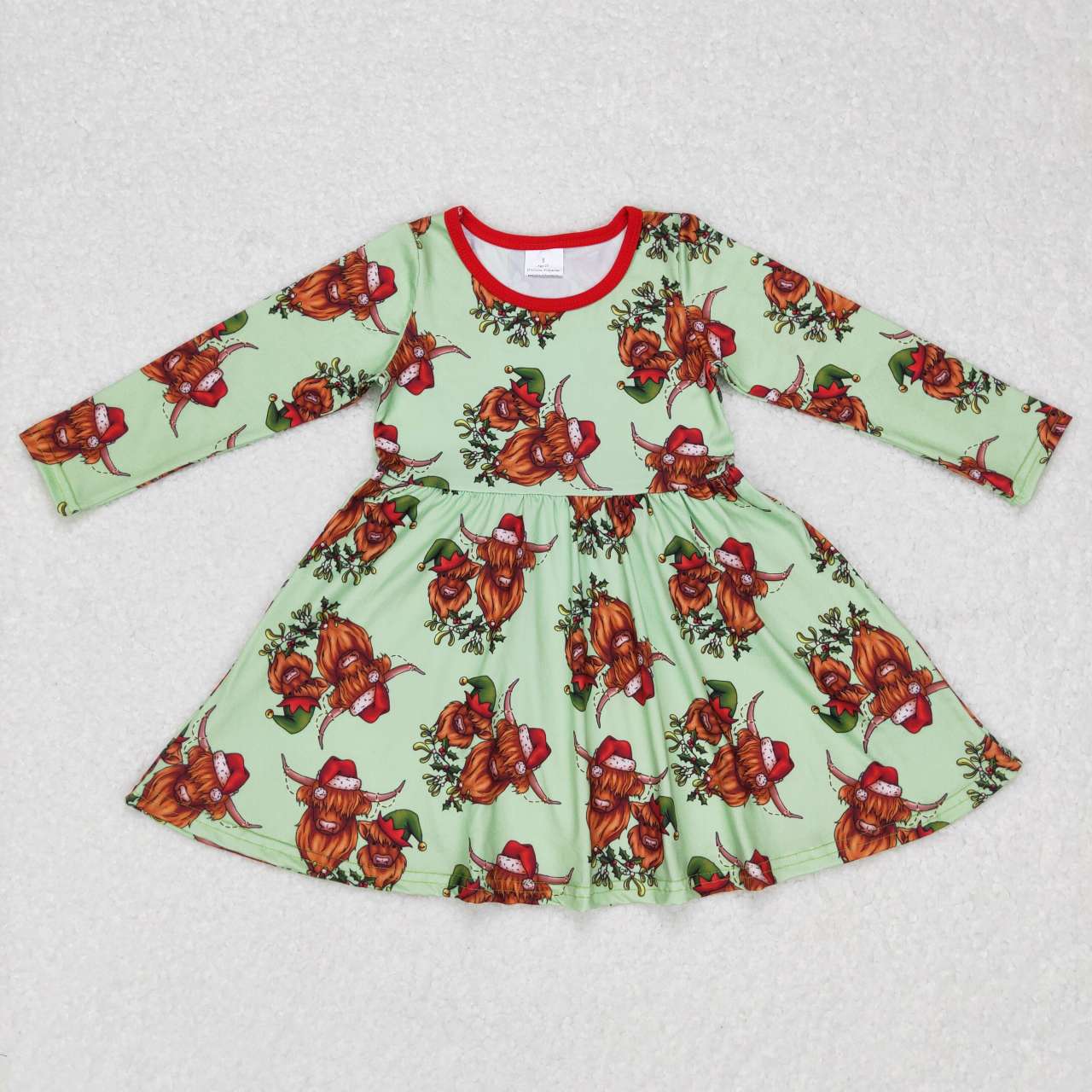 GLD0387 Christmas highland cow green long sleeve girls dress