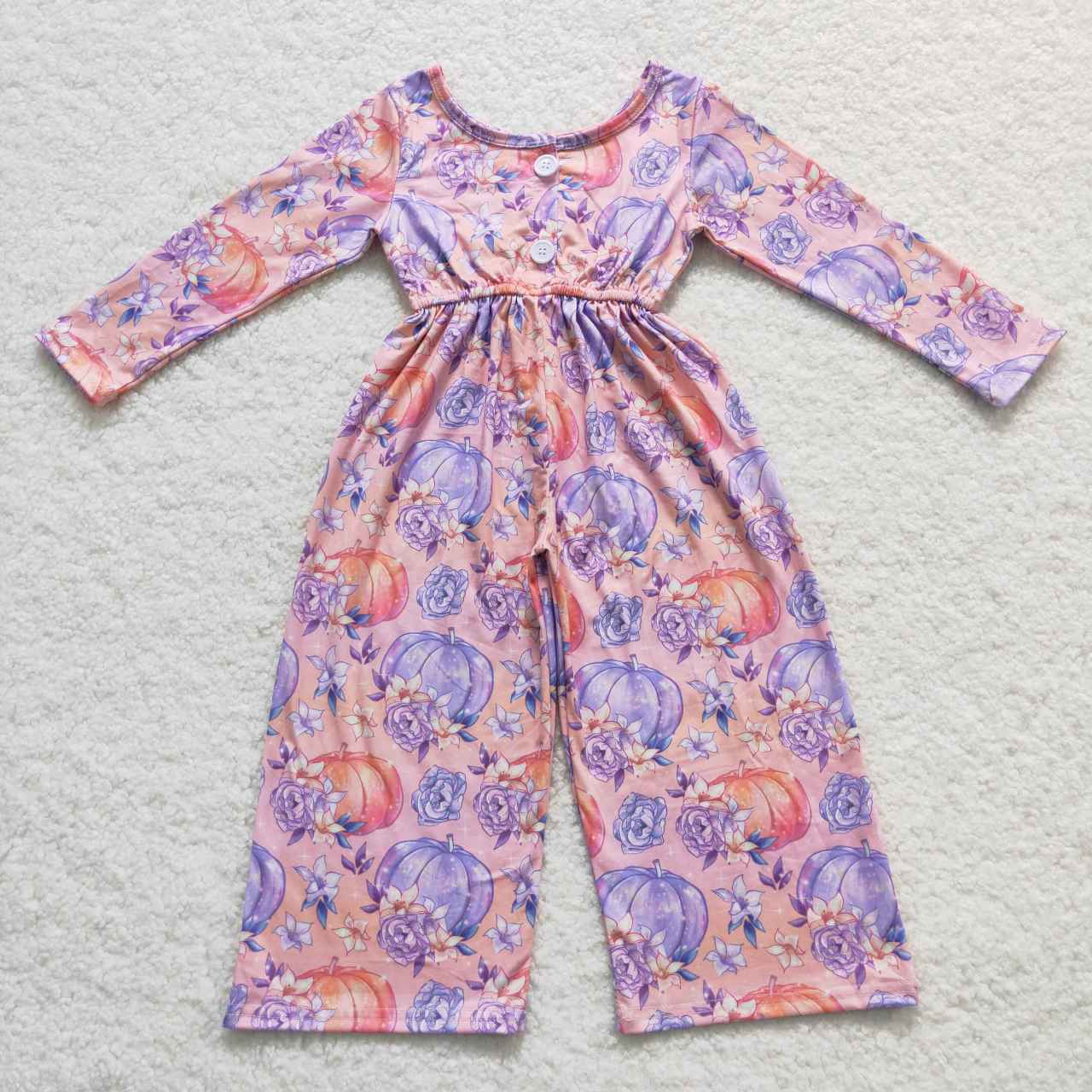 LR0382 Blue & Orange Pumpkin Flowers Purple Long Sleeves Girls Jumpsuits
