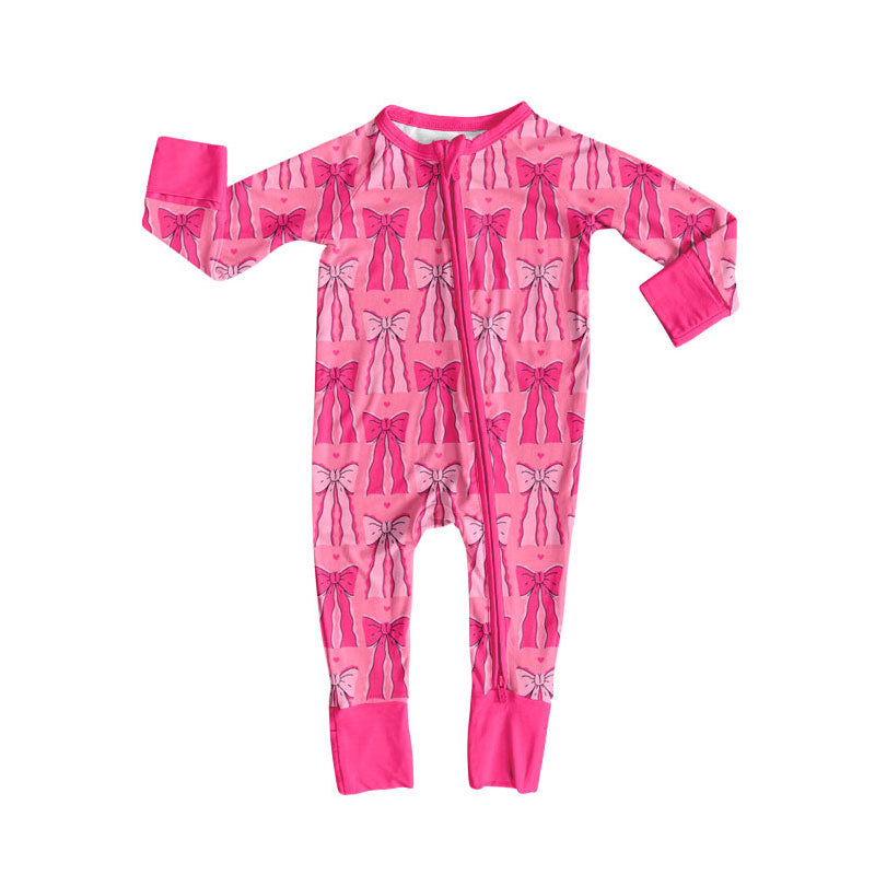 custom moq 5 Valentine's Day heart bows hot pink zipper long sleeve girls romper