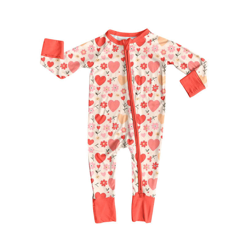 custom moq 5 Valentine's Day heart flowers pink zipper long sleeve girls romper