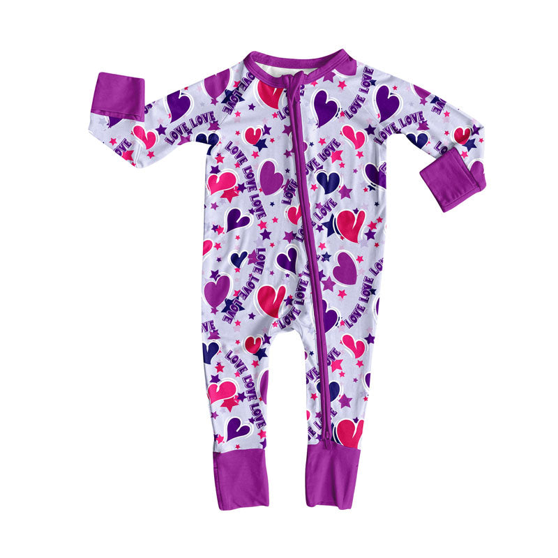 Custom moq 20 Valentine's Day purple heart love zipper long sleeve girls romper