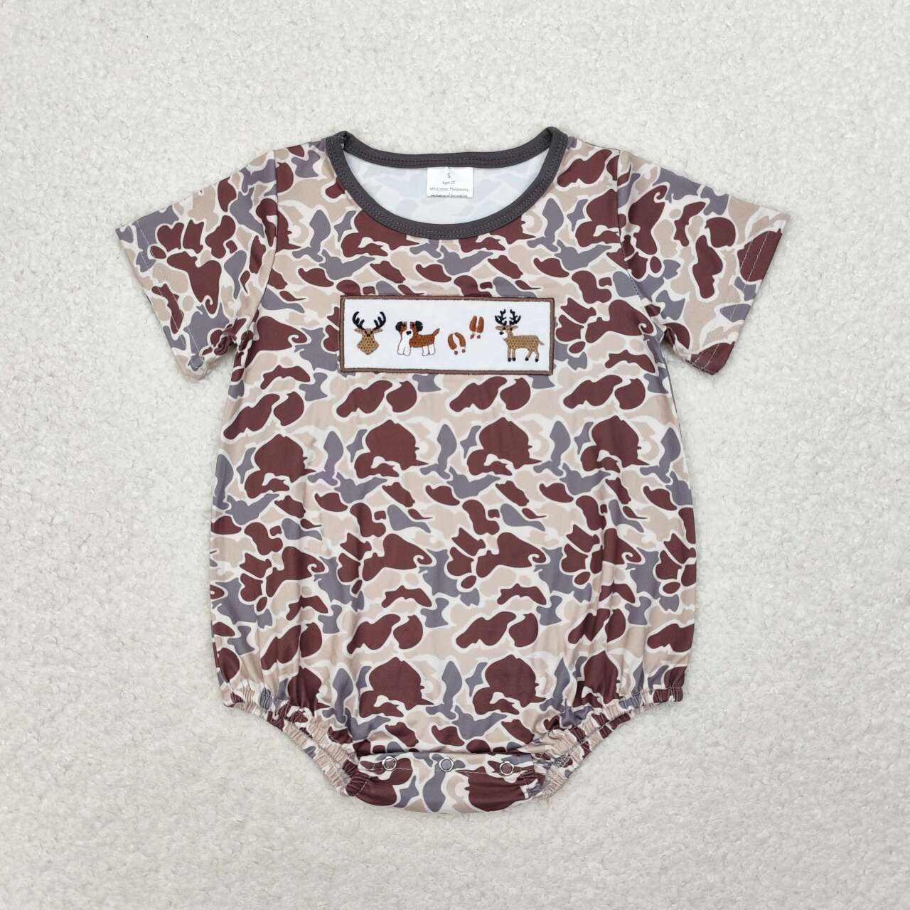 SR1785 embroidery hunting deer dog camo short sleeve boys romper