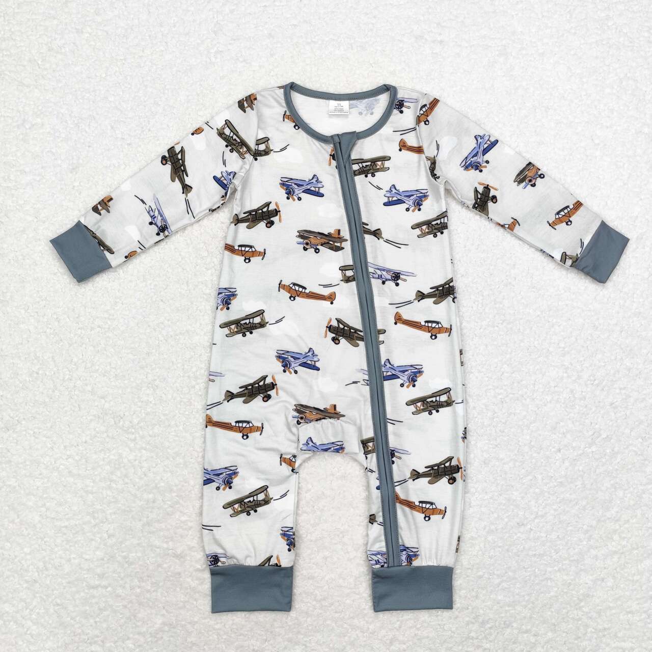 bamboo LR1326 cartoon plane green long sleeve zipper boys romper