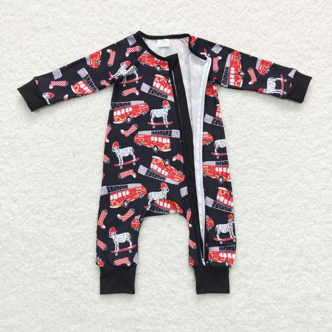 LR0735 Fire truck dog black long sleeve kids romper