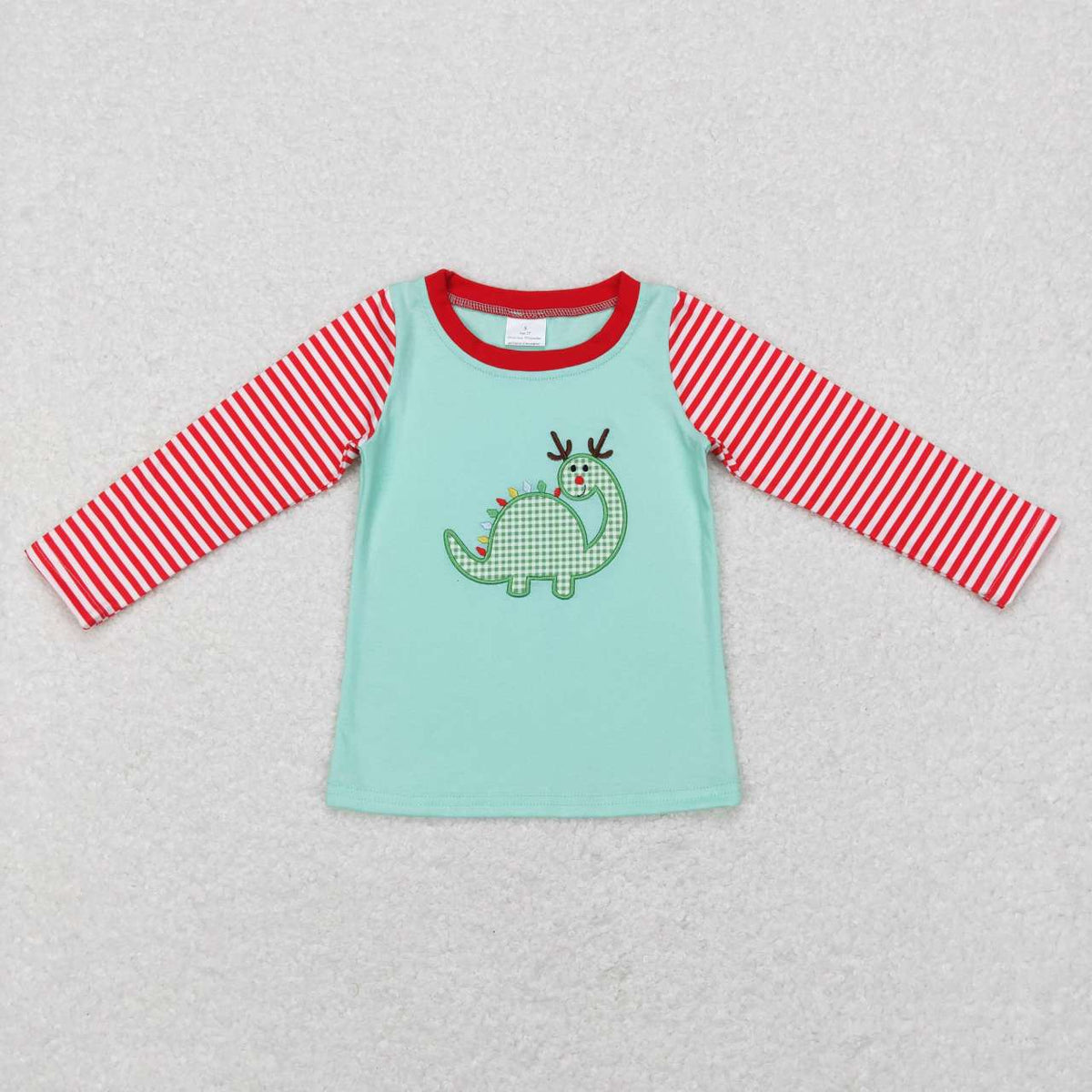 BT0422 Christmas green Dinosaur red striped boys top