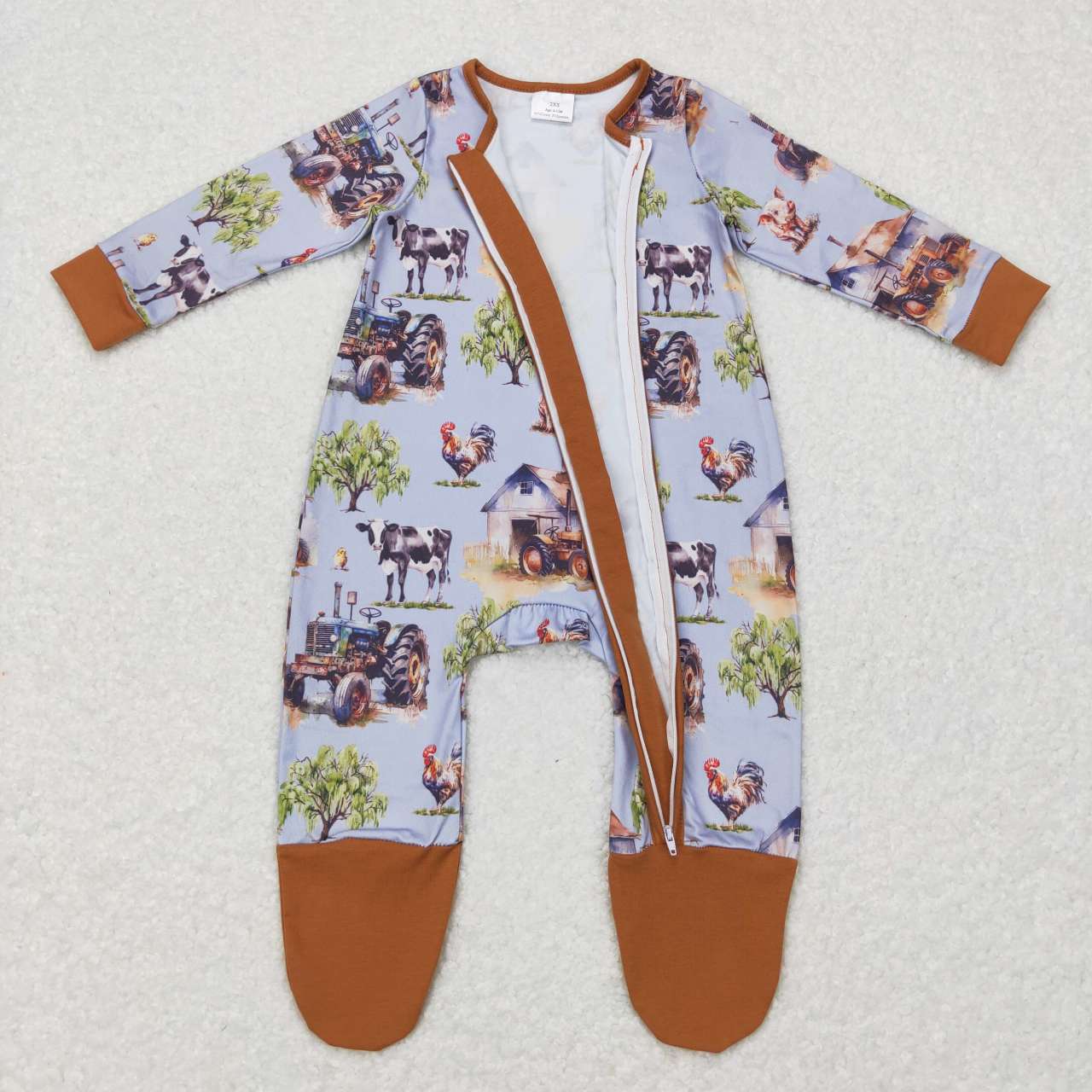 LR0632 Farm house cow animals brown zipper long sleeve kids romper