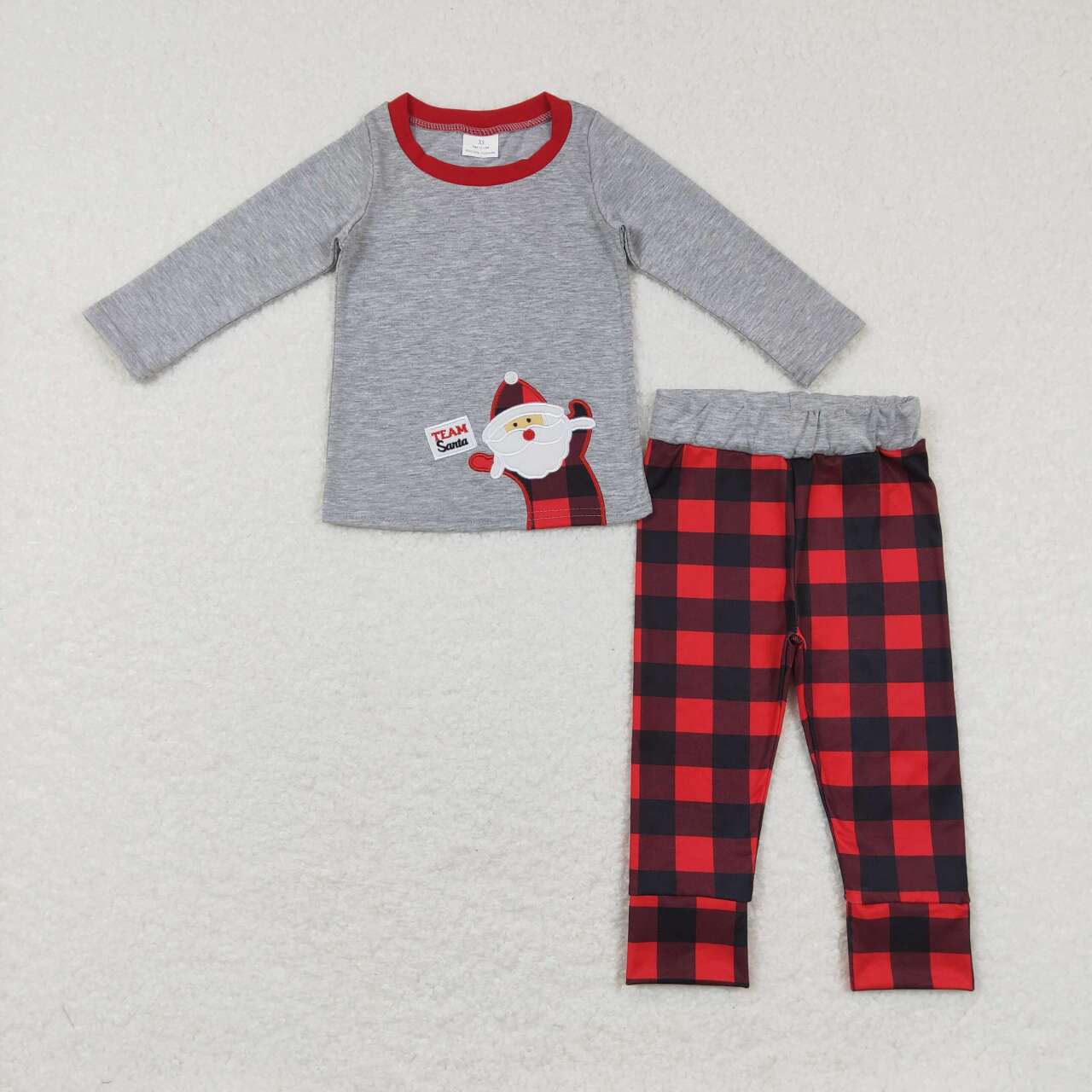 BLP0334 Christmas Santa Claus grey long sleeve red plaid pants boys set