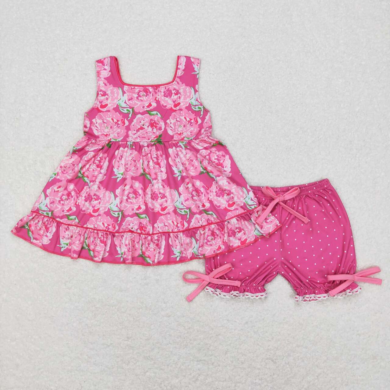 GSSO0364 Hot pink flowers sleeveless shorts girls set