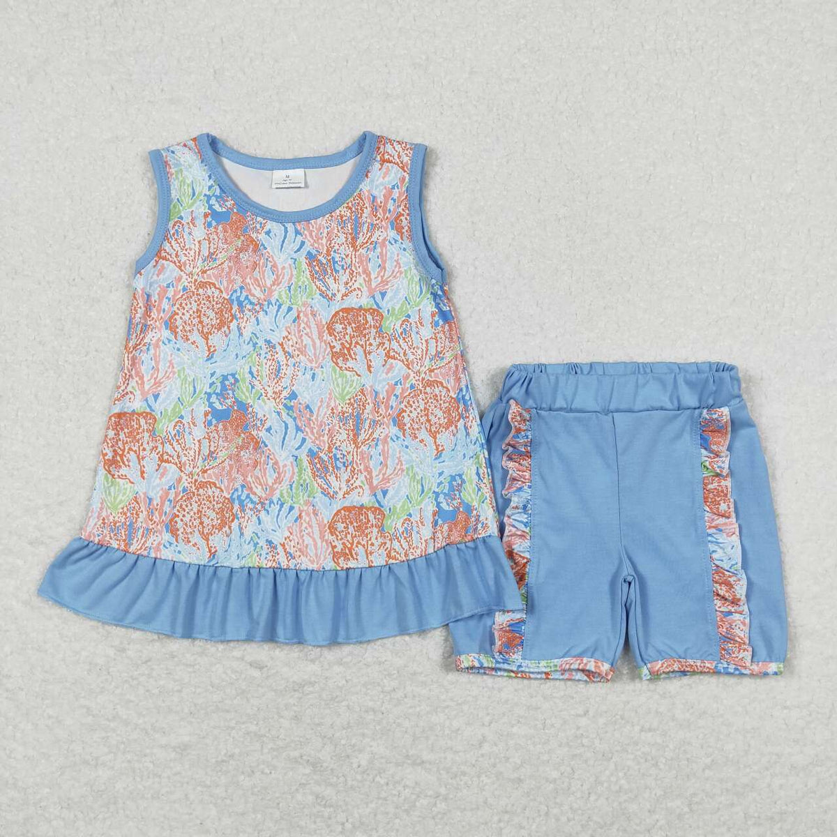 GSSO0831 colorful flowers sleeveless blue shorts girls set