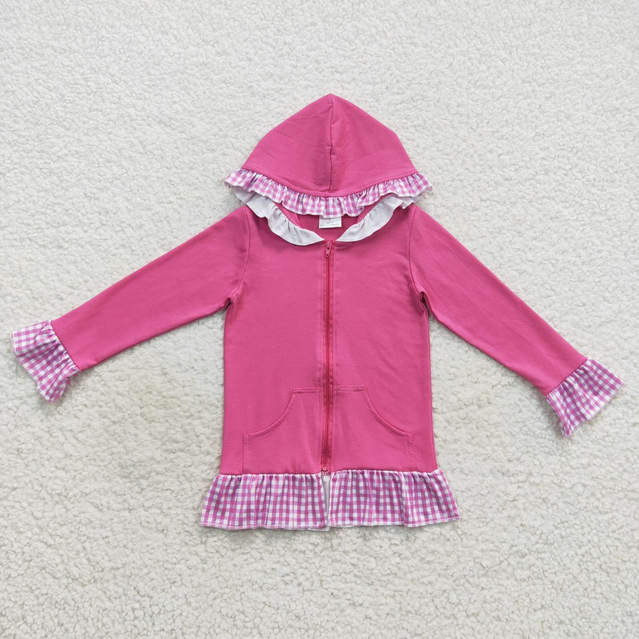 GT0261 Purple plaid hot pink long sleeve hoodie girls top