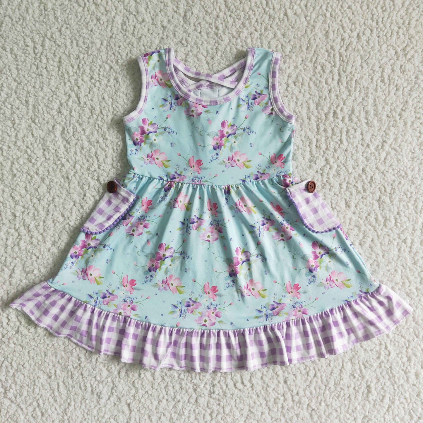 GSD0051 flowers purple checkered pocket blue sleeveless girls dress