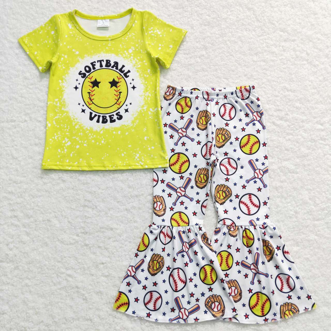 GSPO0936 Softball vibes smile yellow short sleeve pants girls set