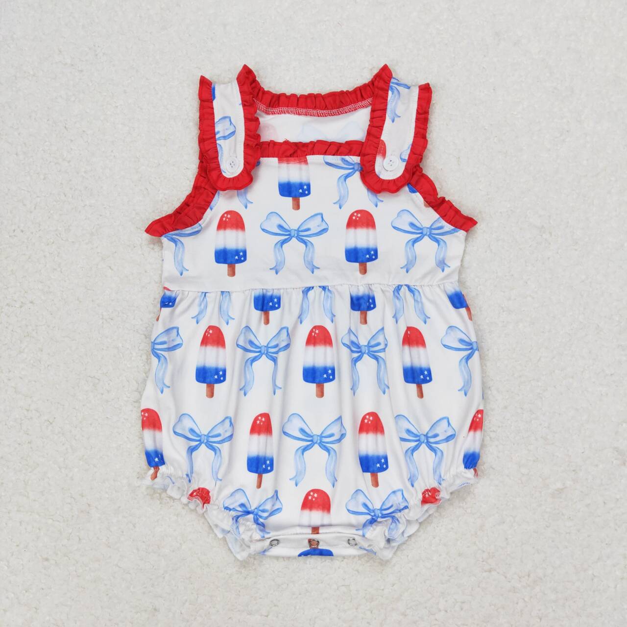 SR1551 July 4th ice bow red ruffles girls romper