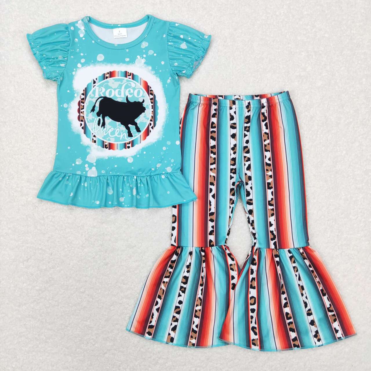 GSPO1051 Western cow blue short sleeve colorful striped pants girls set