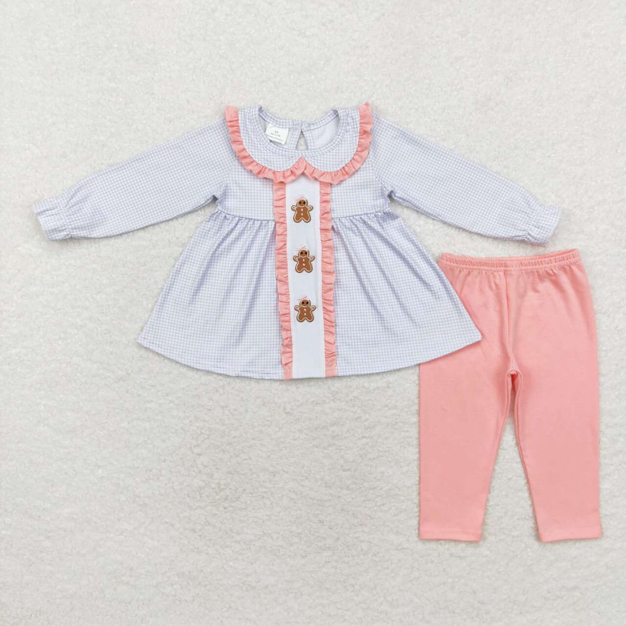 GLP1330 embroidery Christmas gingerbread man blue checkered long sleeve pink pants girls set
