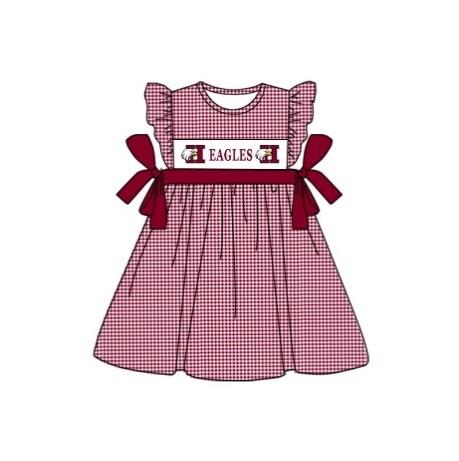 custom style EAGLES red checkered flutter sleeve girls bows dress