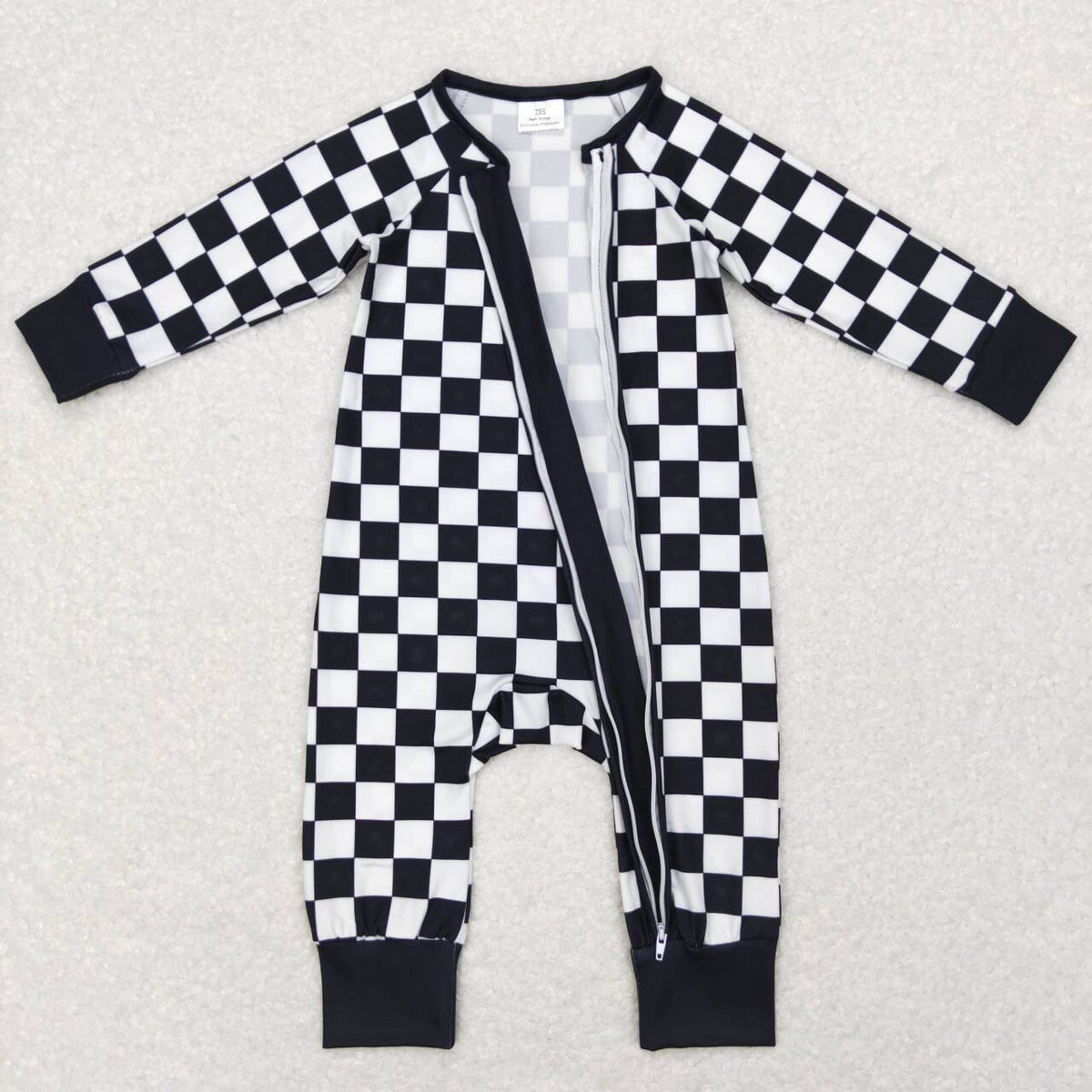 LR0812 Black checkered zipper long sleeve kids romper