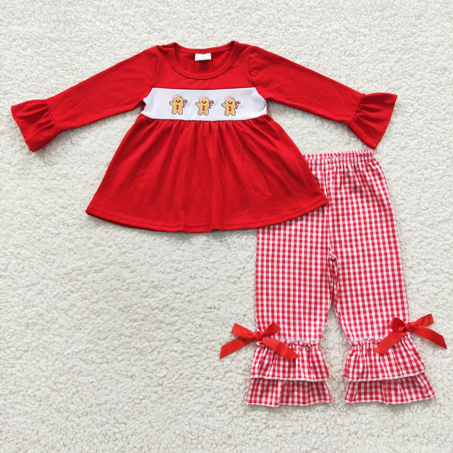GLP0506 Embroidery Christmas Gingerbread Man Red Long Sleeves Plaid Print Girls Clothes