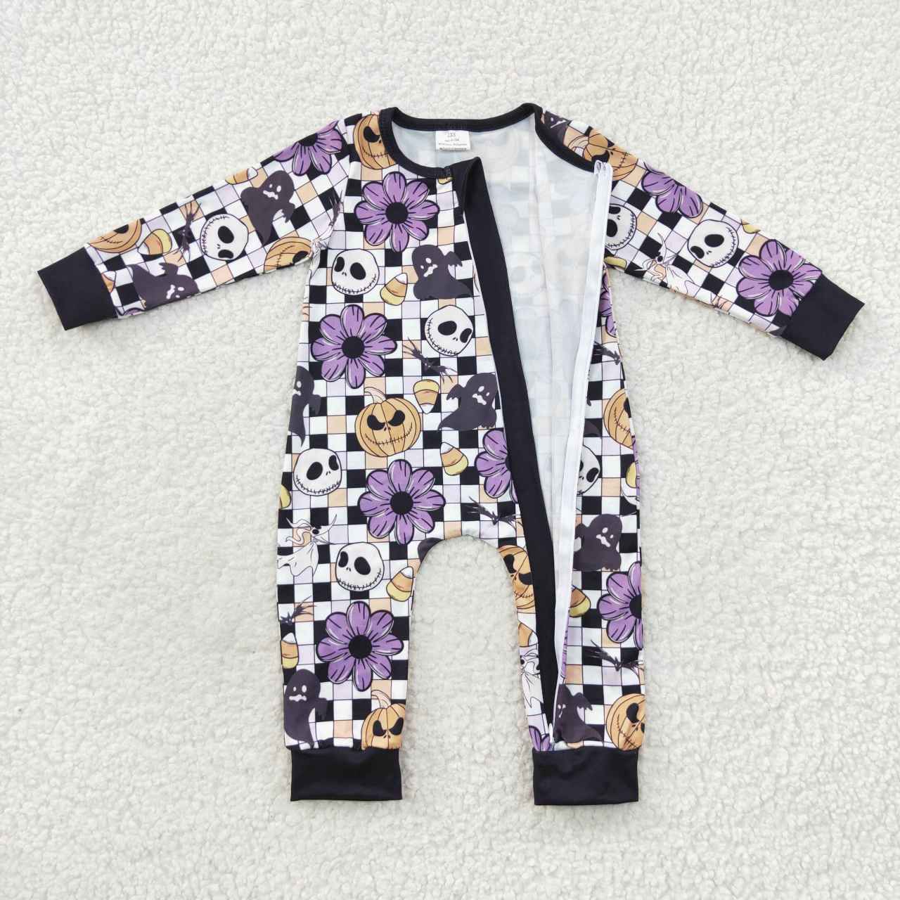 LR0445 Halloween Skull Pumpkin Purple Long Sleeves Kids Romper