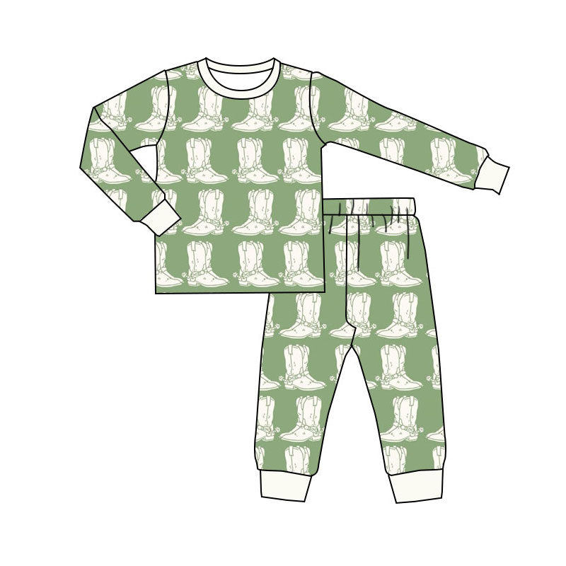 custom moq 5 Western Boots Green Long Sleeve Pants Boys Pajamas