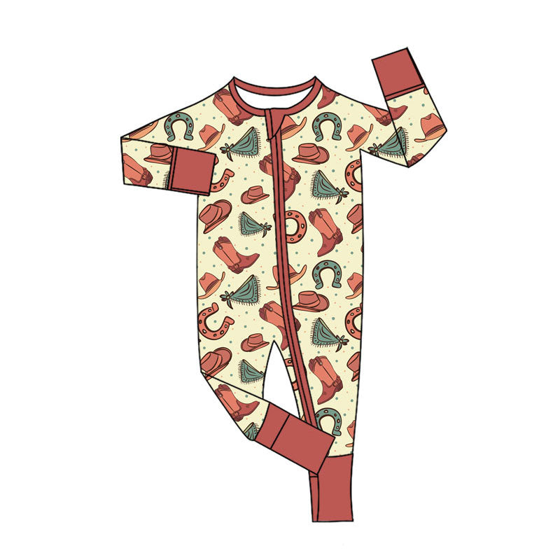 Custom moq 20 Bamboo Western Boots Hat Zipper Long Sleeve Boys Romper