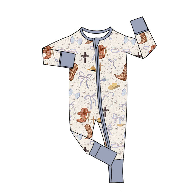 Custom moq 20 Western Easter Cross Boots Bow Zipper Long Sleeve Girls Romper