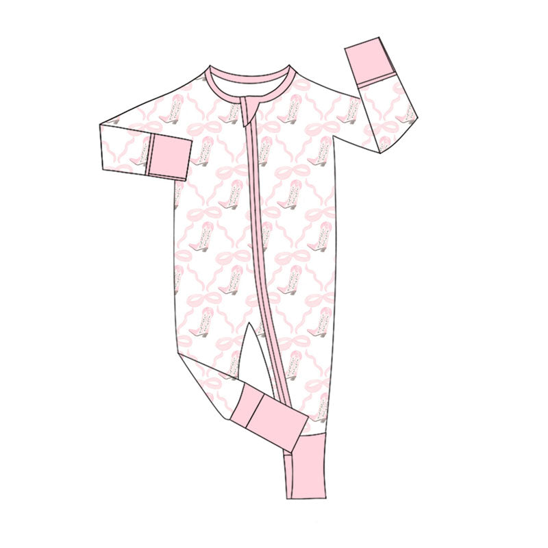 Custom moq 20 bamboo Western boot bwos pink long sleeve zipper girls romper