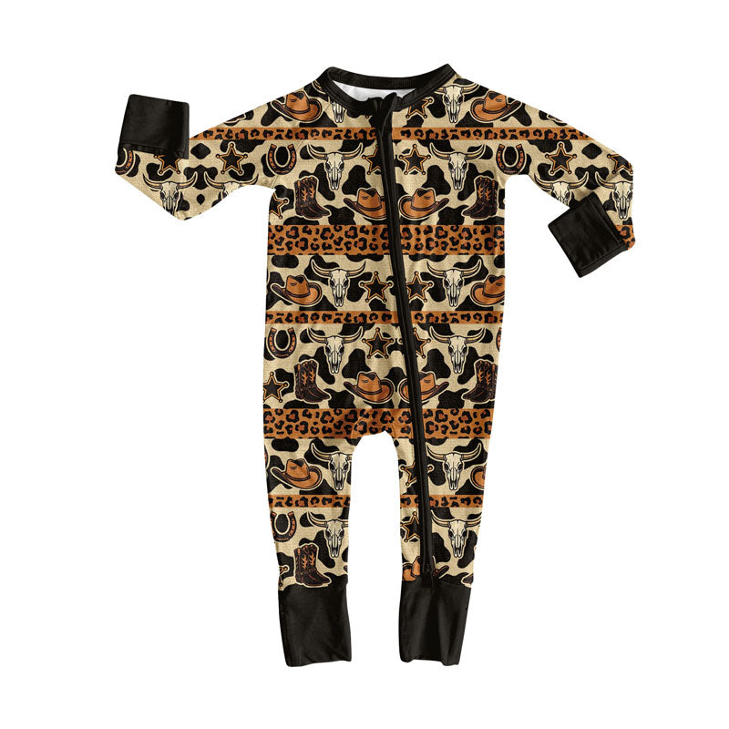 custom moq 5 Western cowboy cow leopard zipper long sleeve boys romper