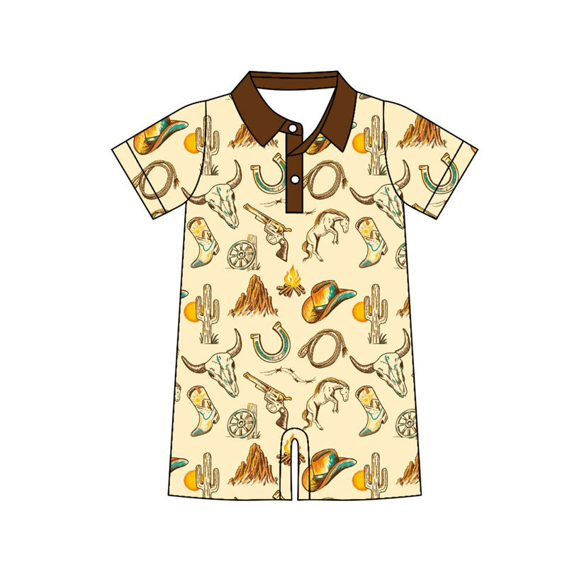 Custom moq 20 Western cowboy cow short sleeve boys romper