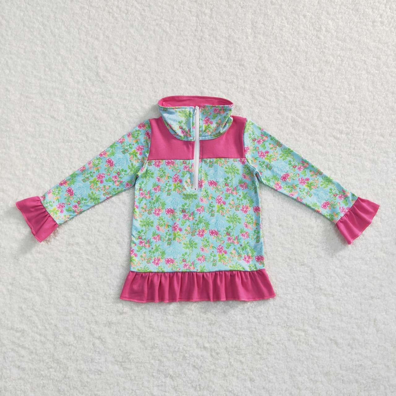 GT0299 Cartoon flowers green long sleeve girls top