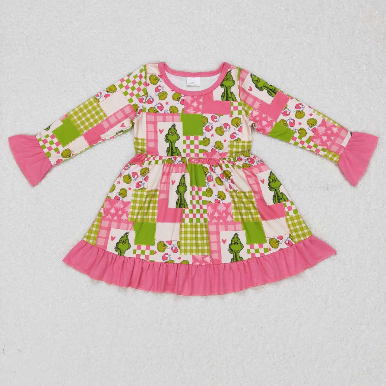 GLD0420 Christmas green face pink long sleeve girls dress