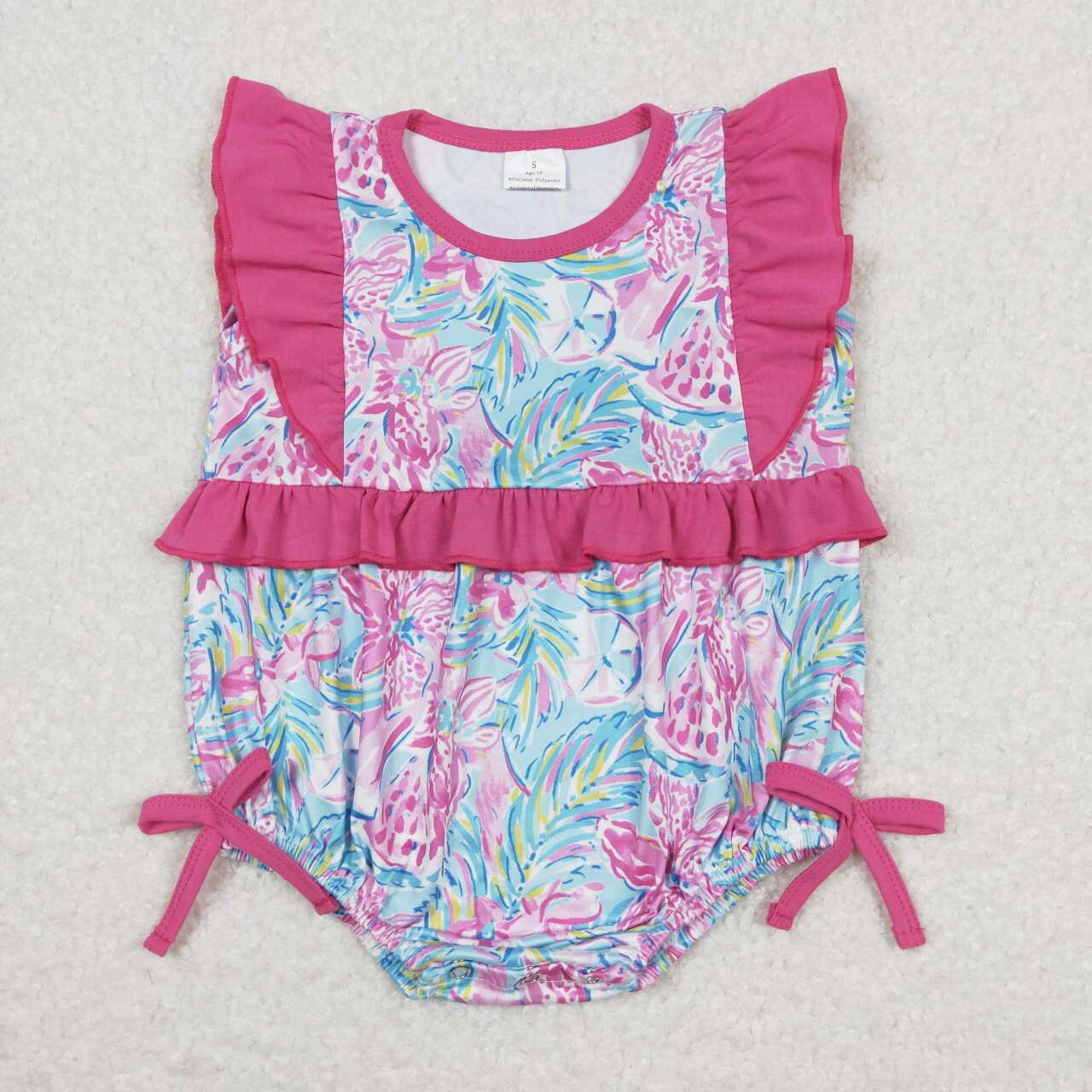 SR1035 Colorful Print Hot Pink Flutter Sleeve Girls Summer Romper