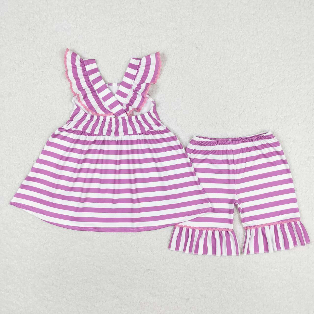 GSSO0734 Colorful ice purple striped flutter sleeve shorts girls set