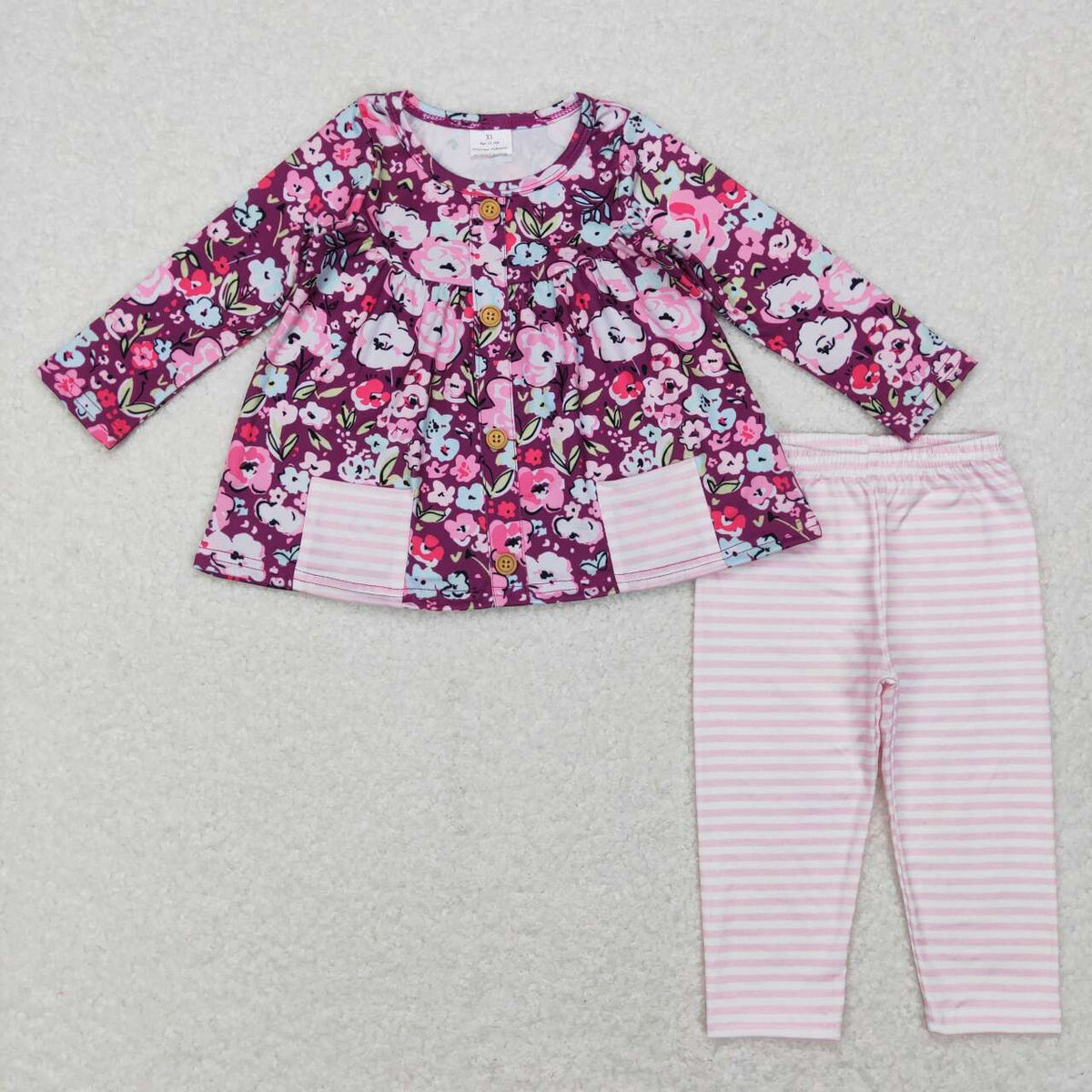 GLP0995 Purple flowers pocket long sleeve pink striped pants girls set