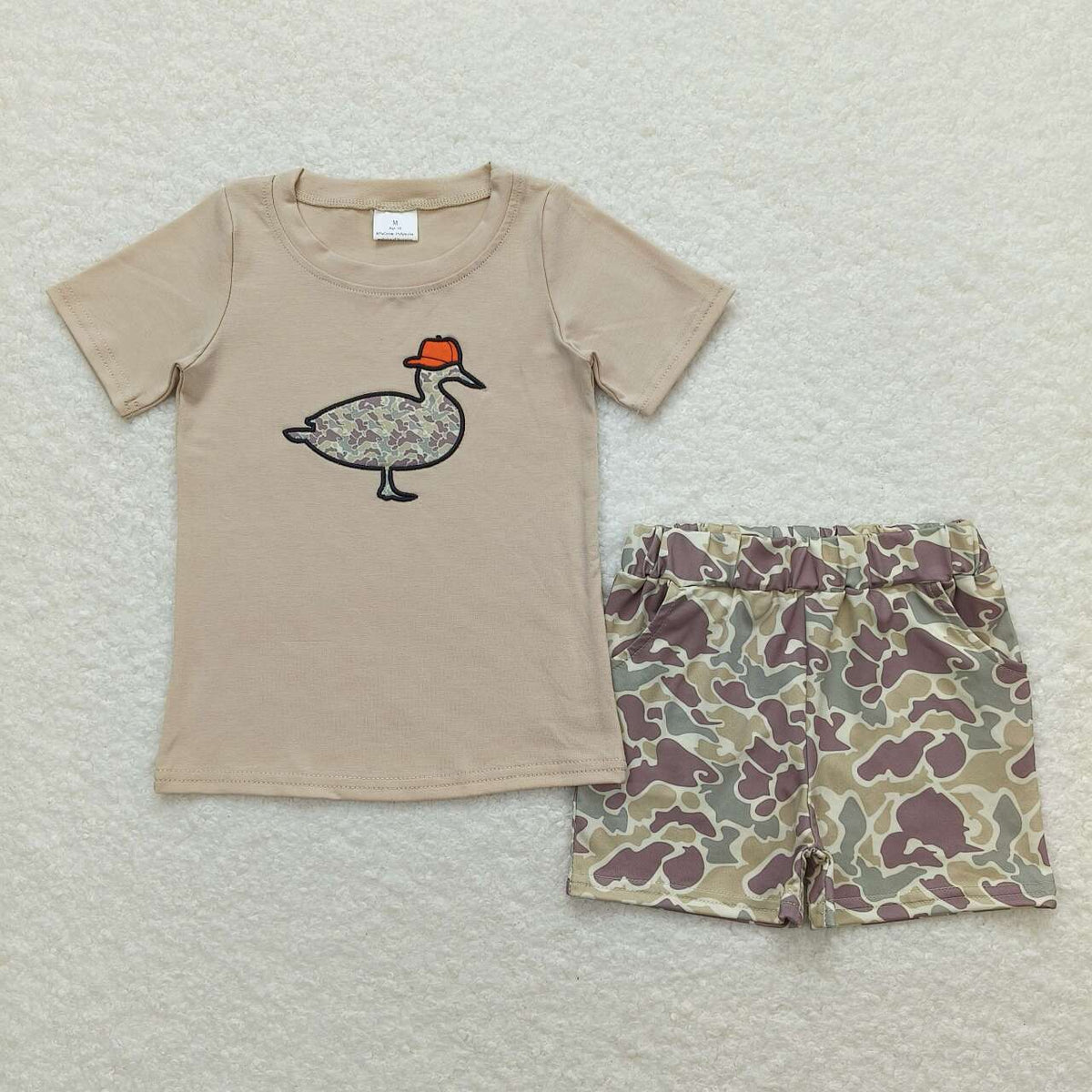 BSSO0781 embroidery camo mallard duck short sleeve green camo shorts boys set