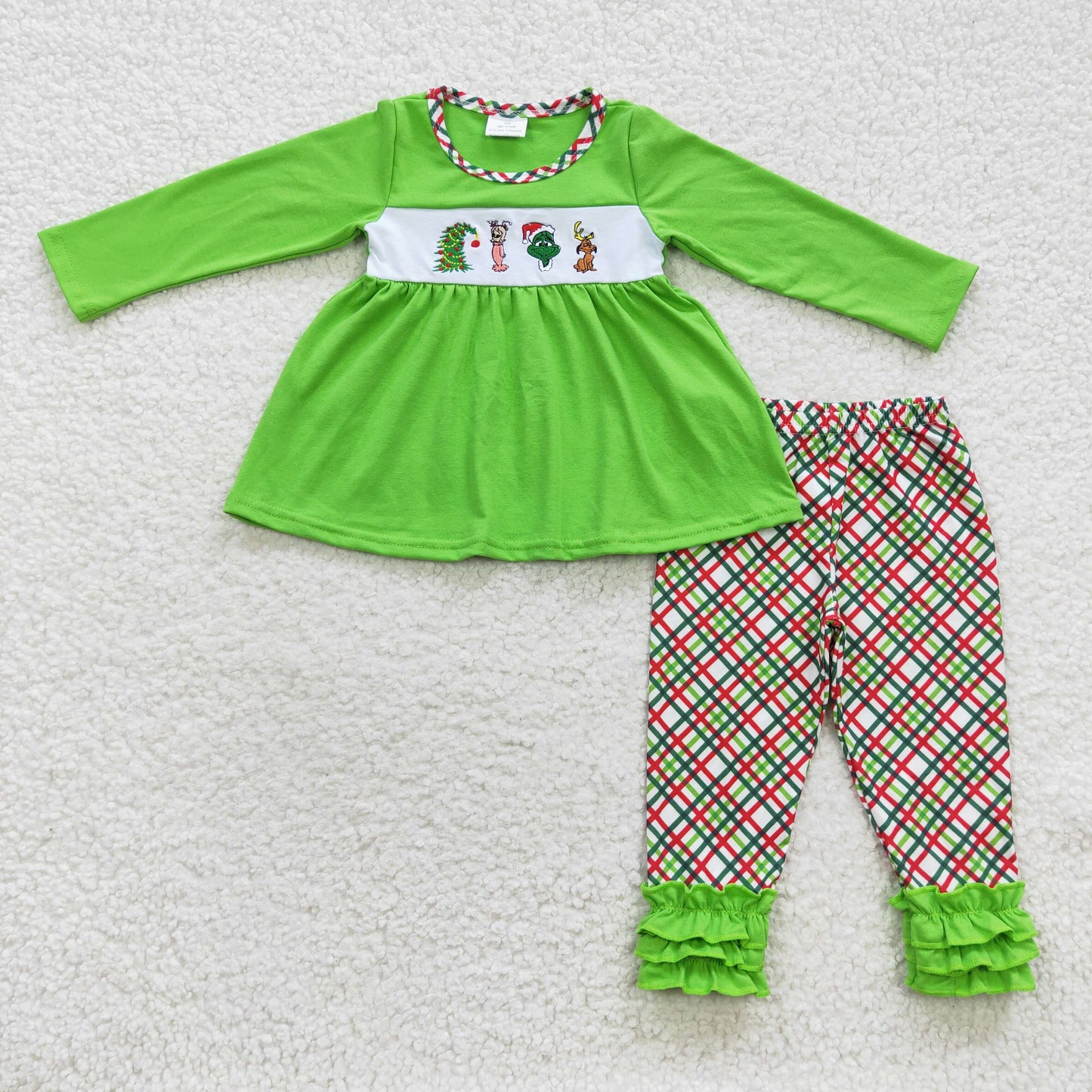 GLP0441 Christmas tree green face long sleeve plaid pants girls set kids clothes