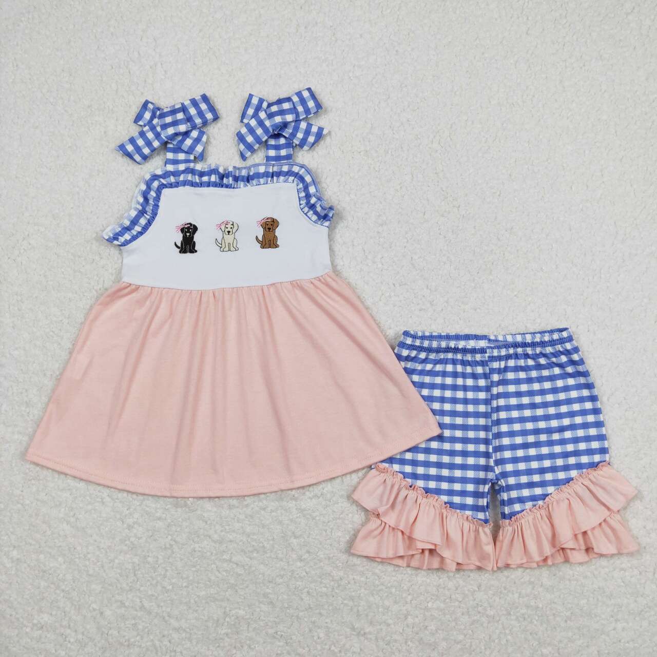 GSSO0630 embroidery Dogs pink sleeveless blue checkered girls set