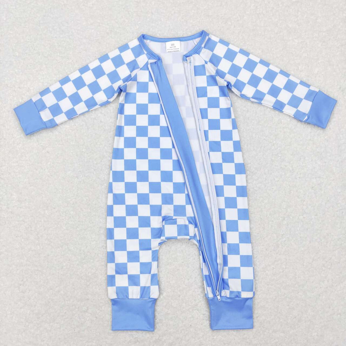 LR0811 Blue checkered zipper long sleeve kids romper