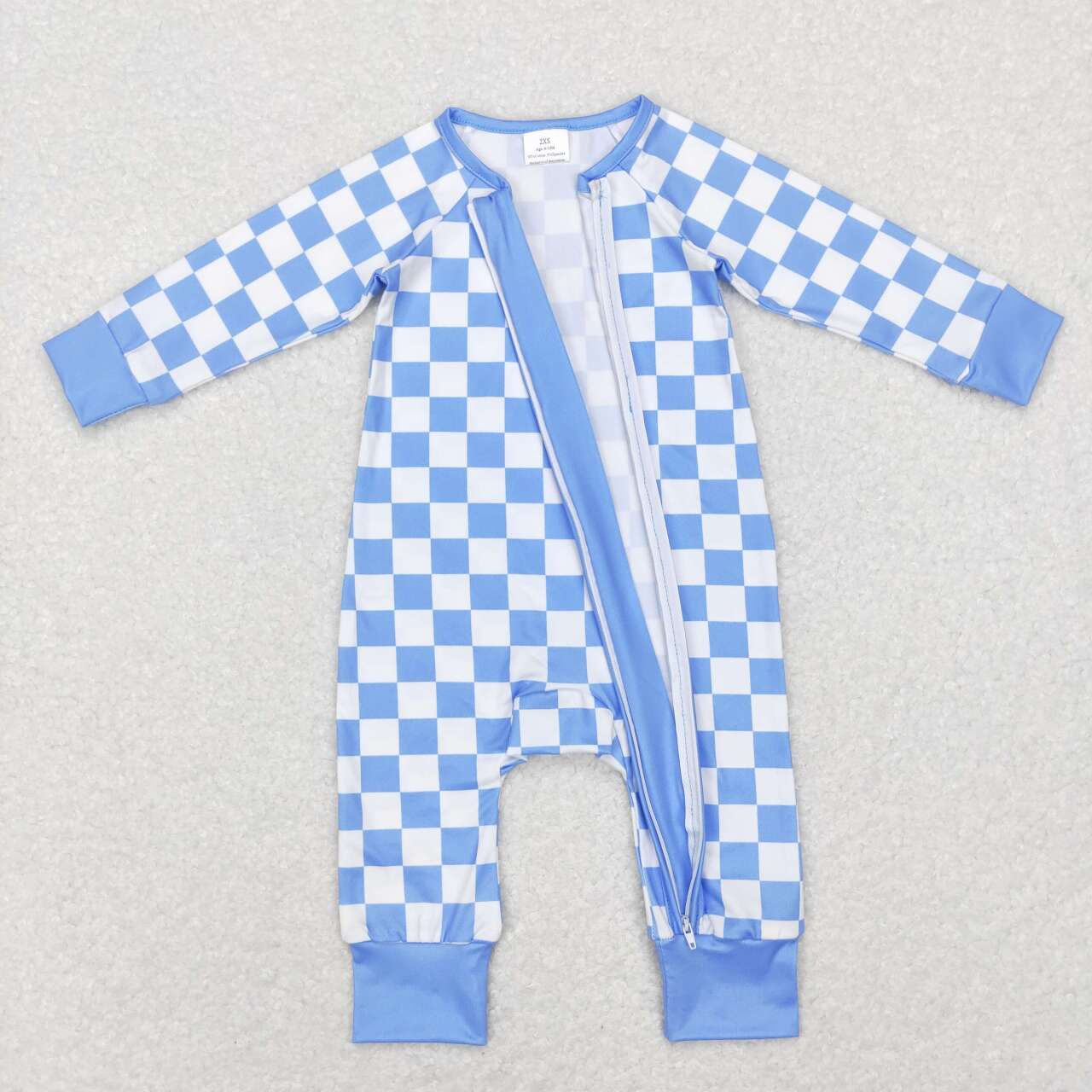 LR0811 Blue checkered zipper long sleeve kids romper